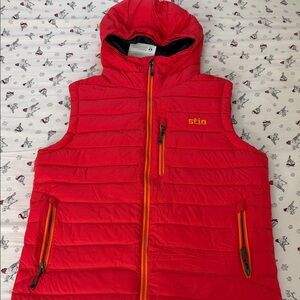 Stio Vibrant Red Hooded Vest with Orange Accents